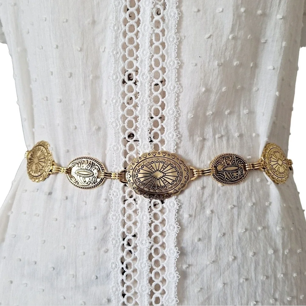 Gold Concho Chain Boho waist Belt Chunky Adjustable Western Festival Medallion